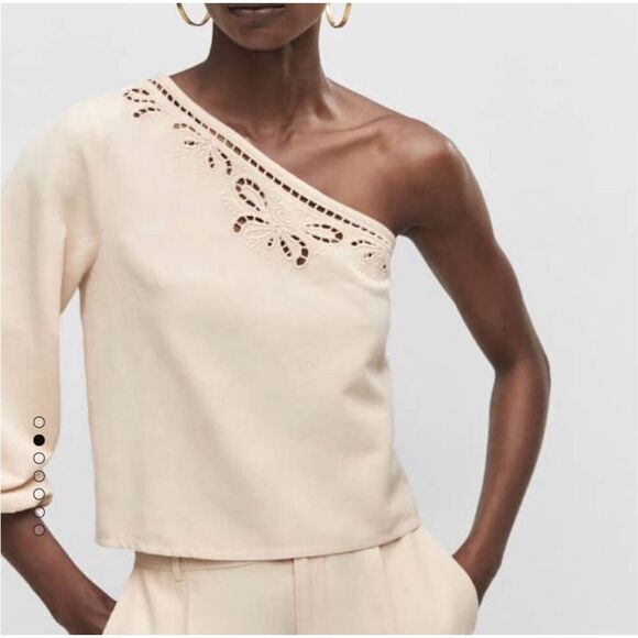 Mango Asymmetrical Embroidered Open Work One Shoulder Top S Ecru - Picture 1 of 11